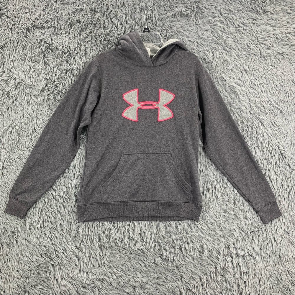 Under Armour UA Womens Small Gray Pink Logo Hoodie Sweatshirt Kangaroo Pocket